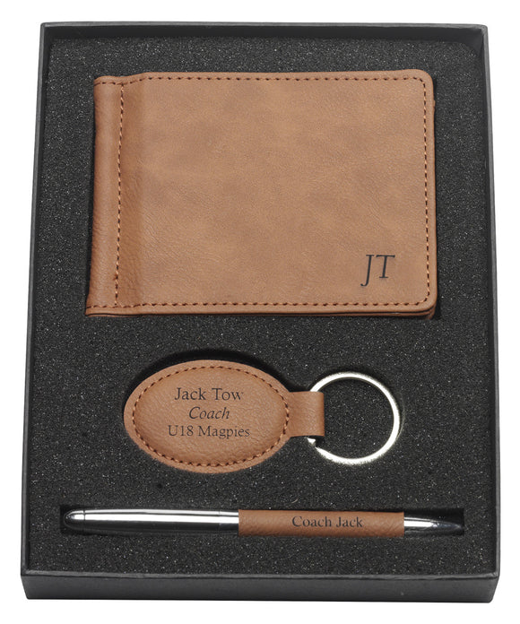 Personalised Leatherette Gift Set – Clip, Keychain & Pen